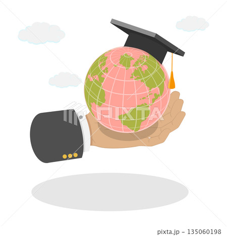 3D Isometric Flat  Illustration of Study Abroad , Academic Student Holding Globe Shape While Wearing a Hat 135060198