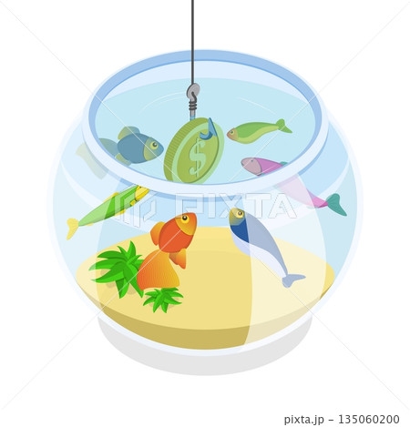 3D Isometric Flat  Illustration of Financial Scam , Lures Gullible Individuals With Fishing Rod For Profit 135060200