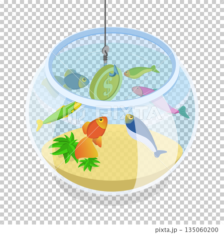 3D Isometric Flat  Illustration of Financial Scam , Lures Gullible Individuals With Fishing Rod For Profit 135060200