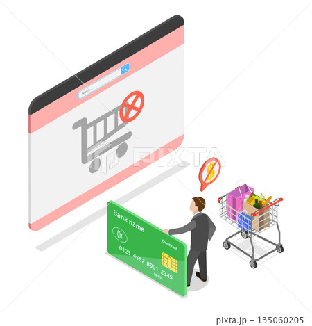 3D Isometric Flat Illustration of Exit and Deny Transaction, Abandoned Shopping Cart 3D Isometric Flat Illustration of Exit and Deny Transaction, Abandoned Shopping Cart 135060205