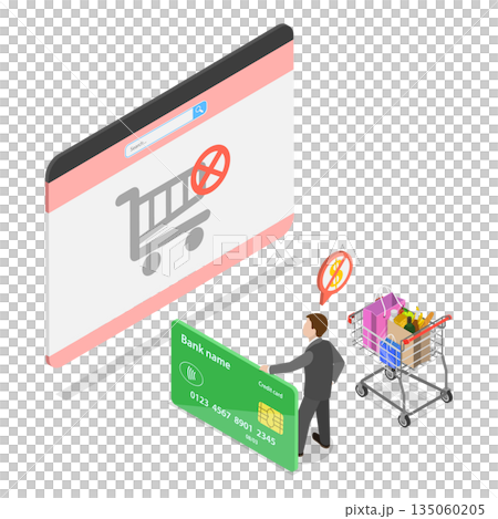 3D Isometric Flat  Illustration of Exit and Deny Transaction, Abandoned Shopping Cart 135060205