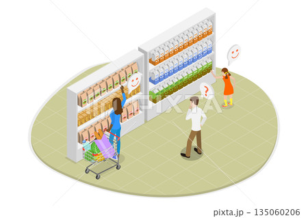 3D Isometric Flat  Illustration of Family Buying Food, People at Supermarket 135060206