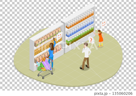 3D Isometric Flat  Illustration of Family Buying Food, People at Supermarket 135060206