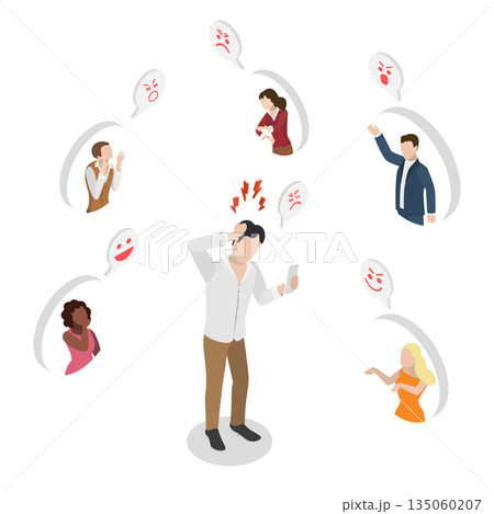 3D Isometric Flat  Illustration of Harassment Problem , Aggressive Bullies Targeting Depressed Man With Angry Messages 135060207