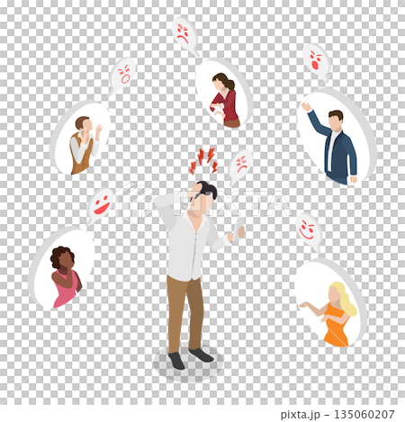 3D Isometric Flat  Illustration of Harassment Problem , Aggressive Bullies Targeting Depressed Man With Angry Messages 135060207