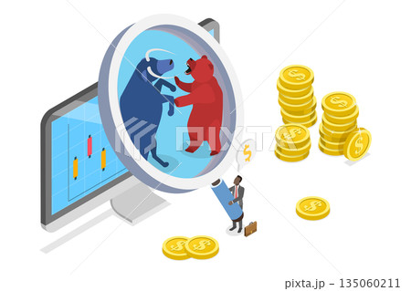 3D Isometric Flat  Illustration of Analizing Stock Market Trends, Investigating Bull Vs Bear Assessment 135060211