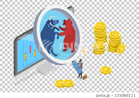 3D Isometric Flat  Illustration of Analizing Stock Market Trends, Investigating Bull Vs Bear Assessment 135060211