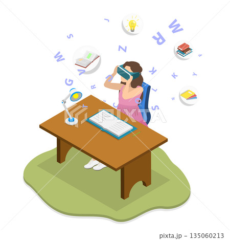 3D Isometric Flat Illustration of Learning With Virtual Reality, Students Astonished by VR Headset Experience 3D Isometric Flat Illustration of Learning With Virtual Reality, Students Astonished by VR Headset Experience 135060213