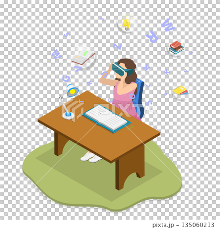 3D Isometric Flat  Illustration of Learning With Virtual Reality, Students Astonished by VR Headset Experience 135060213