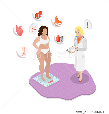 3D Isometric Flat  Illustration of Health Care, Obese Patient Attending Physician Appointment 135060219