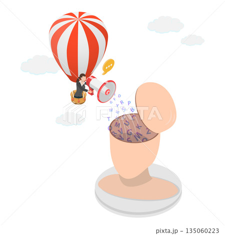 3D Isometric Flat  Illustration of Aggressive Advertising, Spreading Message With Megaphone To Enforce Belief And Communication 135060223