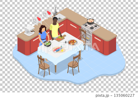 3D Isometric Flat  Illustration of Having Fun Cooking Together, Husband and Wife Preparing Food 135060227