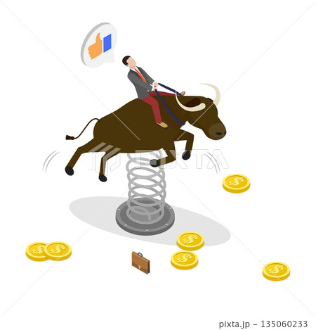 3D Isometric Flat  Illustration of Global Economy, Confident Investor Maneuvers Bull Market To Achieve Success Balancing Risk And Uncertainty 135060233
