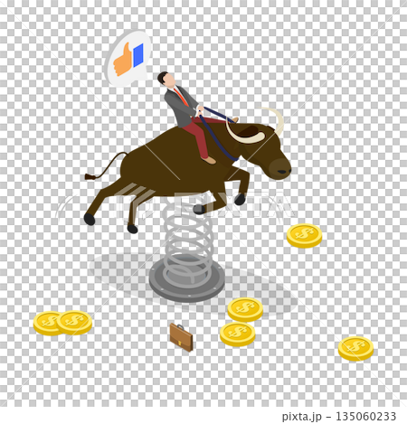 3D Isometric Flat  Illustration of Global Economy, Confident Investor Maneuvers Bull Market To Achieve Success Balancing Risk And Uncertainty 135060233