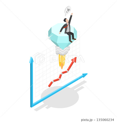 3D Isometric Flat  Illustration of Diamond Price Soaring Sky High, Balloon Adorned With Diamond Symbol Ascends Gracefully 135060234