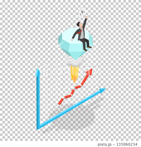 3D Isometric Flat  Illustration of Diamond Price Soaring Sky High, Balloon Adorned With Diamond Symbol Ascends Gracefully 135060234
