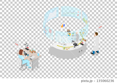 3D Isometric Flat  Illustration of Innovations In Laboratory Research, Scientist In Virtual Reality Headset Embracing The Future 135060236