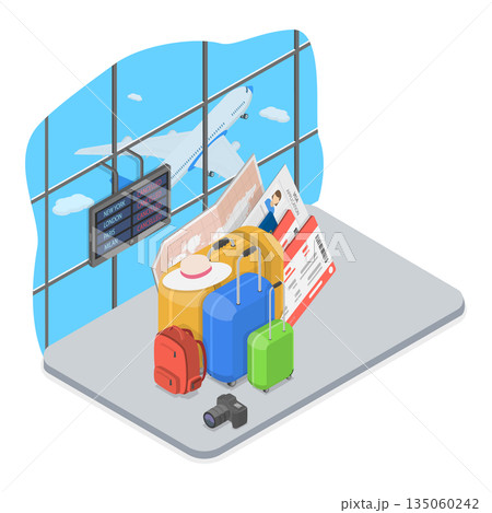 3D Isometric Flat  Illustration of Traveling, Airport With Airplane And Control Tower In Background 135060242