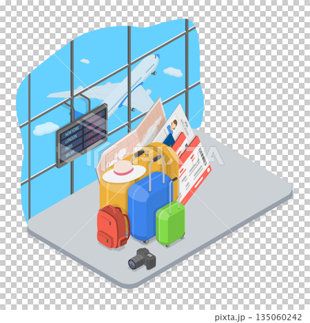 3D Isometric Flat  Illustration of Traveling, Airport With Airplane And Control Tower In Background 135060242