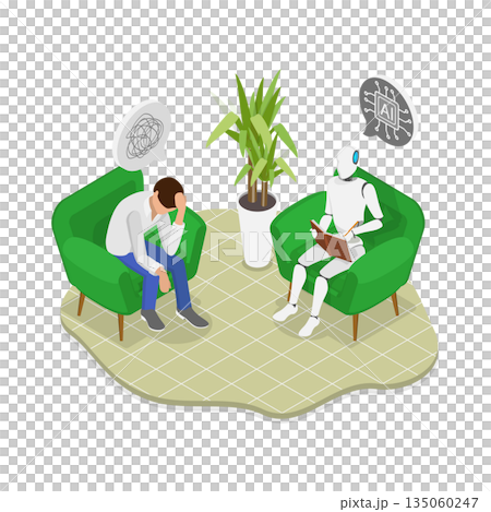 3D Isometric Flat Illustration of Mental Health Treatment, AI Psychologist Robot Providing Therapy To A Depressed Patient 3D Isometric Flat Illustration of Mental Health Treatment, AI Psychologist Robot Providing Therapy To A Depressed Patient 135060247