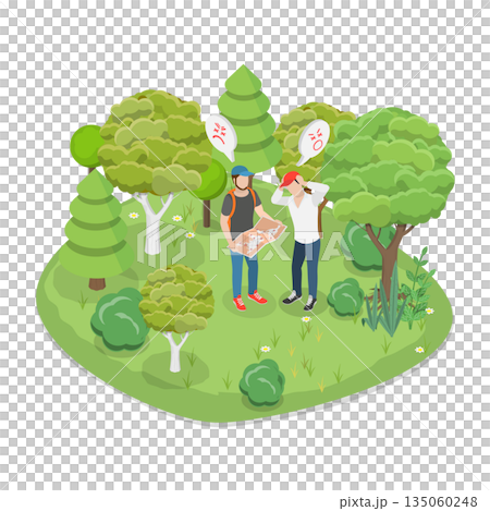 3D Isometric Flat Illustration of Lost Tourists, Man Wanders Through Forest, Recalling Path To Home Or Highway 3D Isometric Flat Illustration of Lost Tourists, Man Wanders Through Forest, Recalling Path To Home Or Highway 135060248