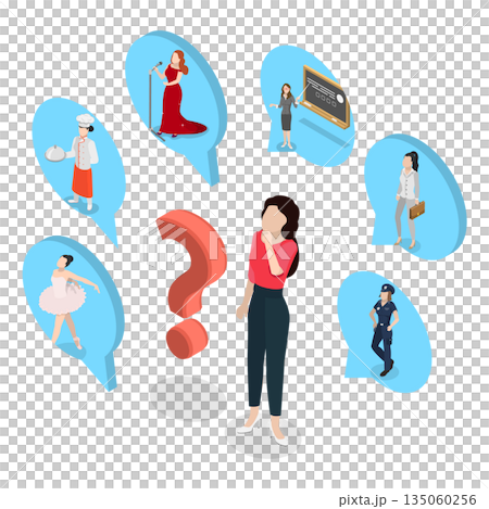 3D Isometric Flat Illustration of Choosing Career Path, Happy Woman Contemplating Career Options In Speech Bubbles. 3D Isometric Flat Illustration of Choosing Career Path, Happy Woman Contemplating Career Options In Speech Bubbles. 135060256