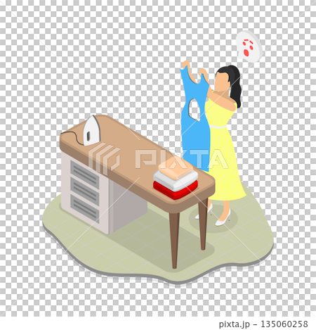 3D Isometric Flat  Illustration of Inaccurate Housekeeper, Inept Housewife Accidentally Burns Hole In Shirt And Seeks Advice On Repairing Mishap. 135060258
