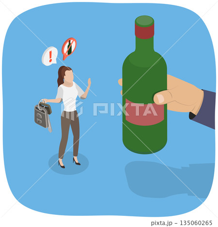 3D Isometric Flat  Illustration of Sobriety , Female Driver Declines Alcohol, Holds Keys Beside Someone With A Beer Bottle In Hand. 135060265