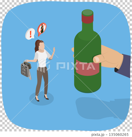 3D Isometric Flat  Illustration of Sobriety , Female Driver Declines Alcohol, Holds Keys Beside Someone With A Beer Bottle In Hand. 135060265