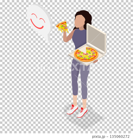 3D Isometric Flat Illustration of Pizza-lover, Woman Enjoys Italian Snack From Fast Food Restaurant While Holding Pizza Box. 3D Isometric Flat Illustration of Pizza-lover, Woman Enjoys Italian Snack From Fast Food Restaurant While Holding Pizza Box. 135060272