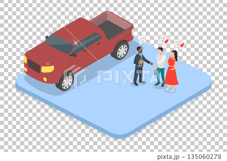 3D Isometric Flat  Illustration of Car Demonstration, Manager Showcasing Cars To Couple. 135060278