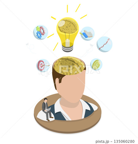 3D Isometric Flat Illustration of Awareness and Mindfulness, Representation Of A Receptive Mind, Innovative Talents, And Artistic Capabilities. 3D Isometric Flat Illustration of Awareness and Mindfulness, Representation Of A Receptive Mind, Innovative Talents, And Artistic Capabilities. 135060280