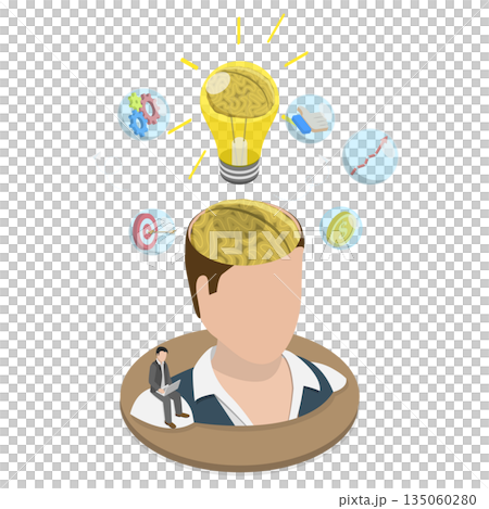 3D Isometric Flat  Illustration of Awareness and Mindfulness, Representation Of A Receptive Mind, Innovative Talents, And Artistic Capabilities. 135060280