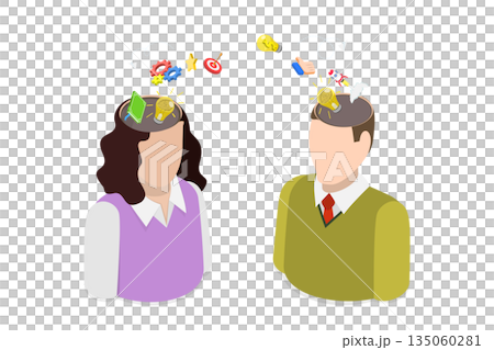 3D Isometric Flat  Illustration of Connected Mind Mechanisms of the Two People, Sharing Ideas And Knowledge Transfer In Employee Teamwork 135060281