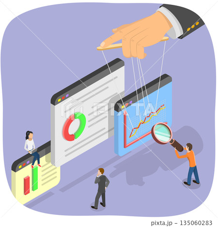 3D Isometric Flat  Illustration of Market Manipulation, Manipulating Price, a Puppeteer Concept. 135060283