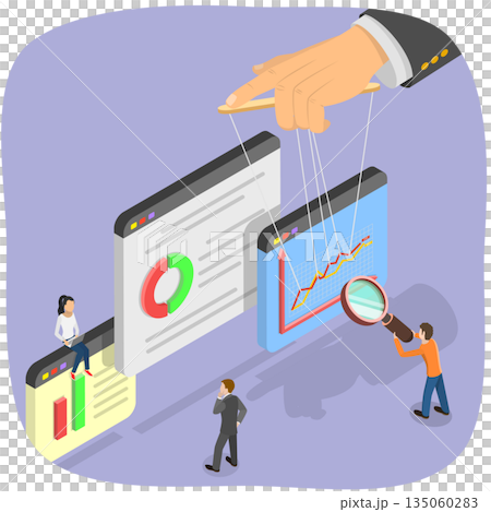3D Isometric Flat  Illustration of Market Manipulation, Manipulating Price, a Puppeteer Concept. 135060283