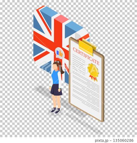 3D Isometric Flat Illustration of Graduation Provement, Woman Grinning With Graduation Certificate And British Flag In Background 3D Isometric Flat Illustration of Graduation Provement, Woman Grinning With Graduation Certificate And British Flag In Background 135060286