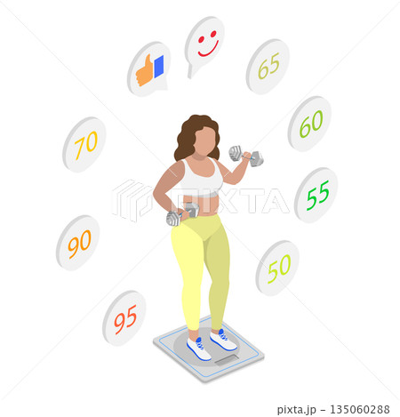 3D Isometric Flat Illustration of Losing Weight, Overweight Woman Striving To Slim Down With Gym Workouts And Dumbbell Exercises. 3D Isometric Flat Illustration of Losing Weight, Overweight Woman Striving To Slim Down With Gym Workouts And Dumbbell Exercises. 135060288