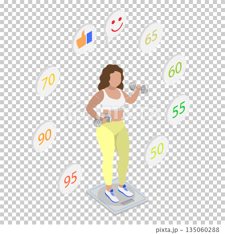 3D Isometric Flat Illustration of Losing Weight, Overweight Woman Striving To Slim Down With Gym Workouts And Dumbbell Exercises. 3D Isometric Flat Illustration of Losing Weight, Overweight Woman Striving To Slim Down With Gym Workouts And Dumbbell Exercises. 135060288