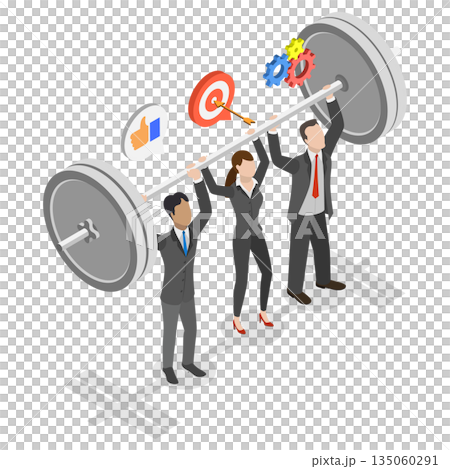 3D Isometric Flat  Illustration of Employees Teamwork, Collaborative Business Team Lifting Barbell Demonstrates Unity And Synergy In Goal Achievement. 135060291