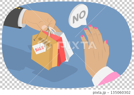 3D Isometric Flat  Illustration of Stop Shopping Banner, Hand Rejecting Shopping Bags With Sale Products 135060302
