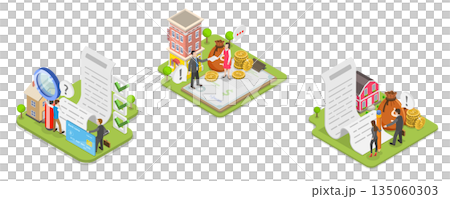 3D Isometric Flat  Illustration of Home Loan Agent Checking Credit History, Mortgage Broker Services 135060303
