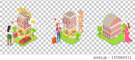 3D Isometric Flat Illustration of Planning Trip, Journey or Tour, Holiday Accommodation 3D Isometric Flat Illustration of Planning Trip, Journey or Tour, Holiday Accommodation 135060311