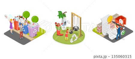 3D Isometric Flat  Illustration of Garbage Collection and Sorting, Waste Collection And Recycling Issues 135060315