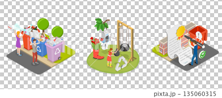 3D Isometric Flat  Illustration of Garbage Collection and Sorting, Waste Collection And Recycling Issues 135060315