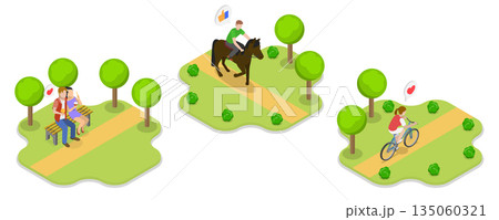 3D Isometric Flat  Illustration of Outdoor Adventures, Urban Park Activities 135060321