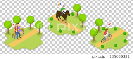 3D Isometric Flat  Illustration of Outdoor Adventures, Urban Park Activities 135060321
