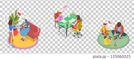 3D Isometric Flat Illustration of Taking Care of Eldery and Kids, Scenes of Caregiver Services 3D Isometric Flat Illustration of Taking Care of Eldery and Kids, Scenes of Caregiver Services 135060325