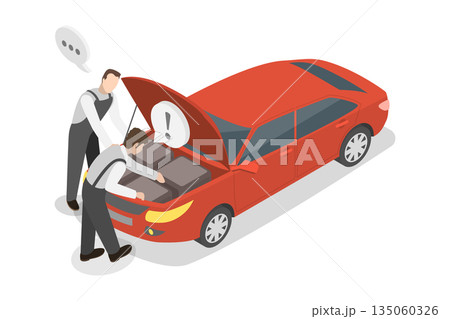 3D Isometric Flat  Illustration of Car Repair Shop, Vehicle Care Guidance 135060326