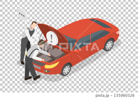3D Isometric Flat  Illustration of Car Repair Shop, Vehicle Care Guidance 135060326